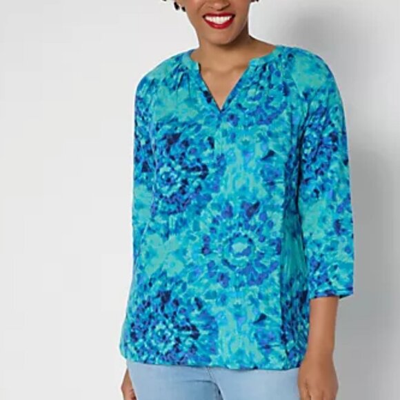 BELLE Kim Gravel Blue Tie Dye Top Size Medium Cotton Gauze Boho Womens Top - Picture 2 of 10